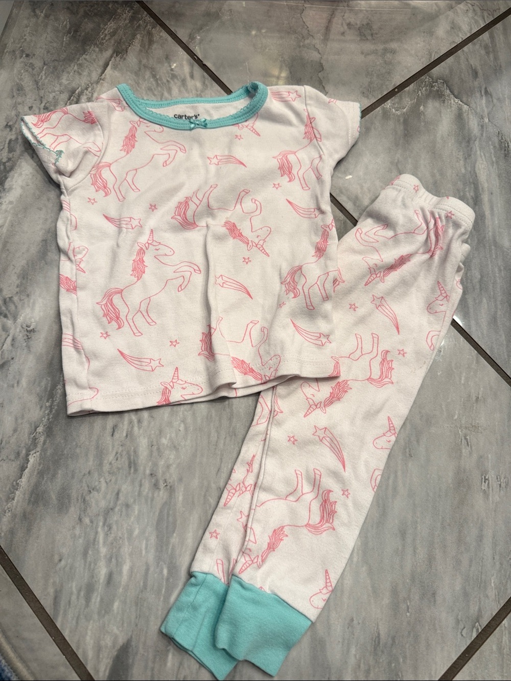 Carter's White & Pink Unicorn Two-Piece Pajama Set with Aqua Trim